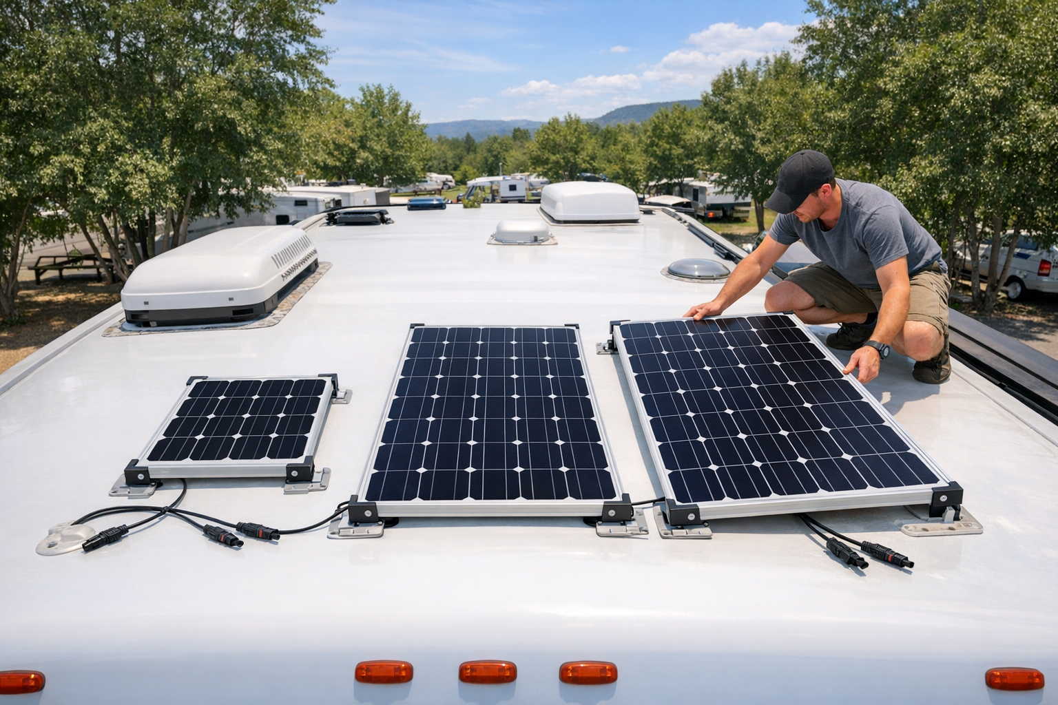 Different wattage solar panel kits compared on an RV roof