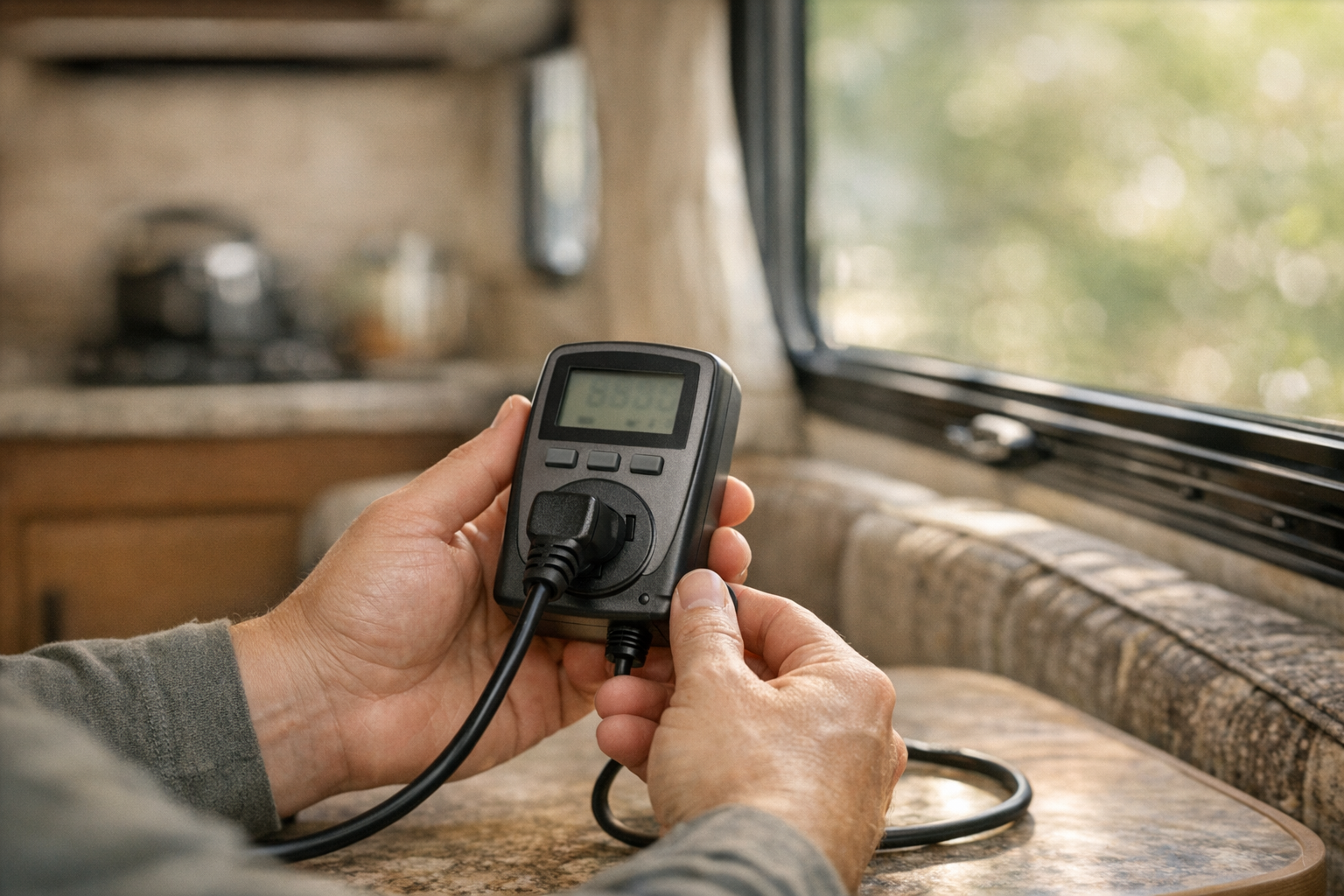Hands using a power meter to calculate RV energy needs