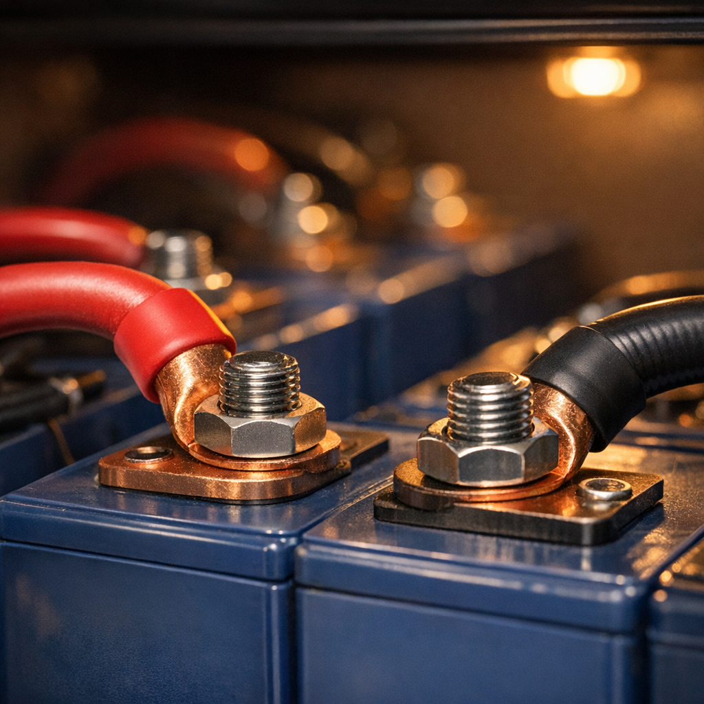 Close-up of lithium battery bank wired for RV solar system