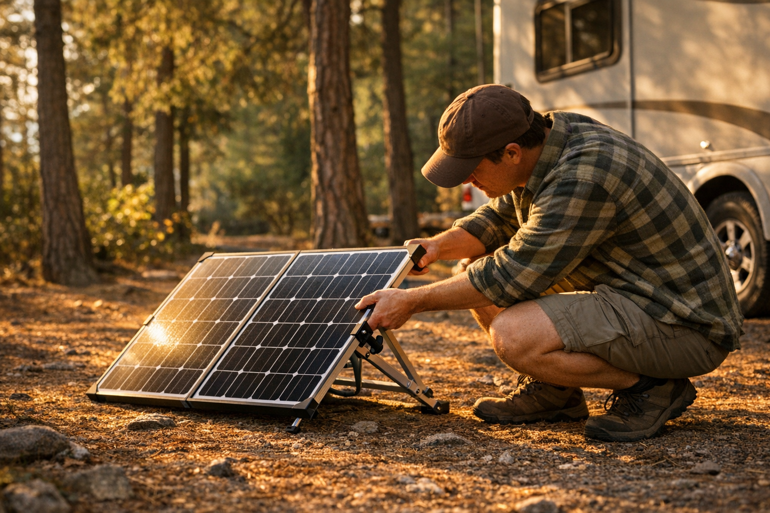 RV camper adjusting tilt angle on portable solar panel for maximum output