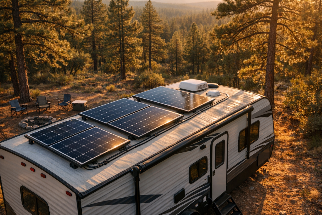 RV with rooftop solar panels boondocking in remote wilderness at golden hour