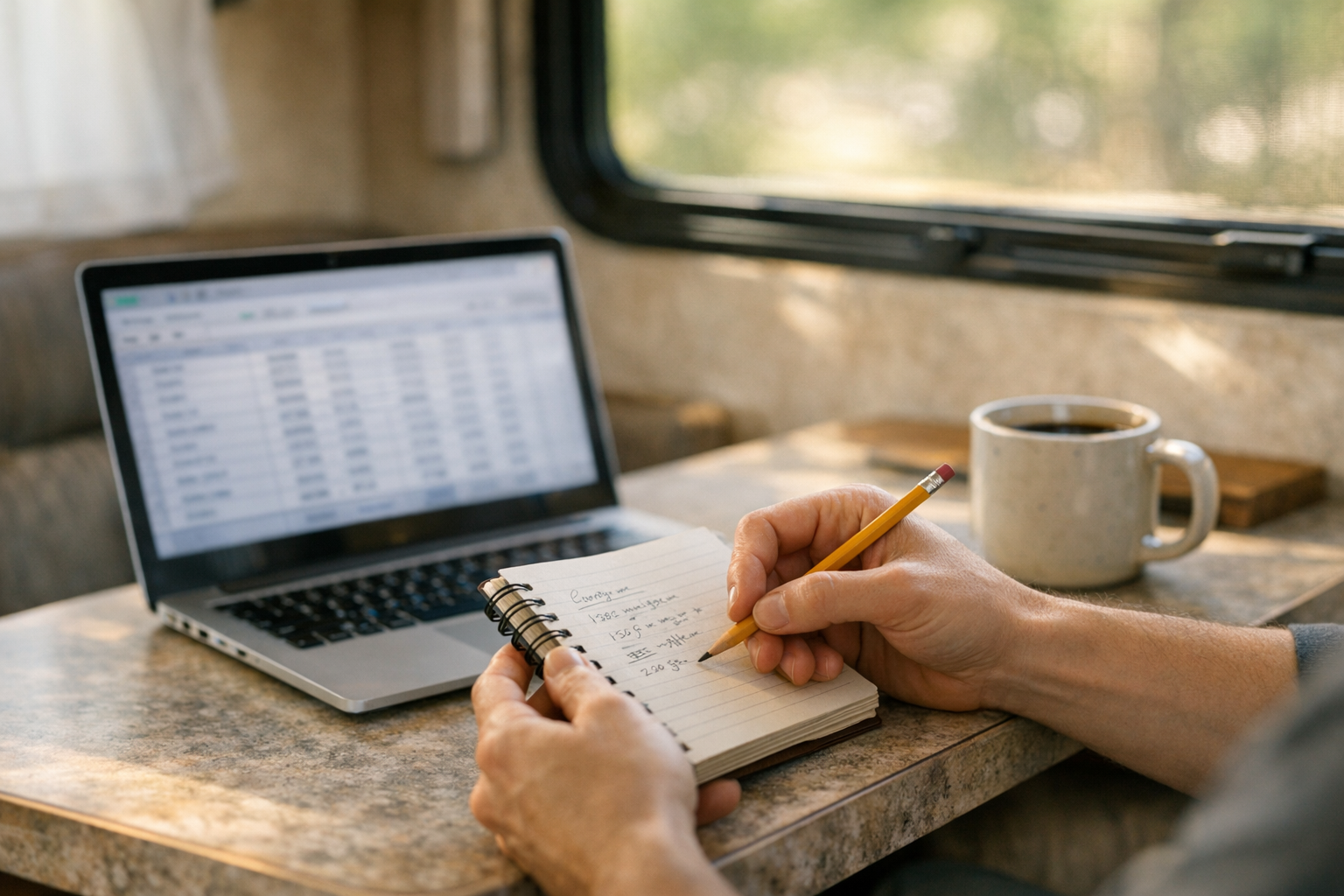 Hands calculating RV solar wattage needs with notebook inside camper