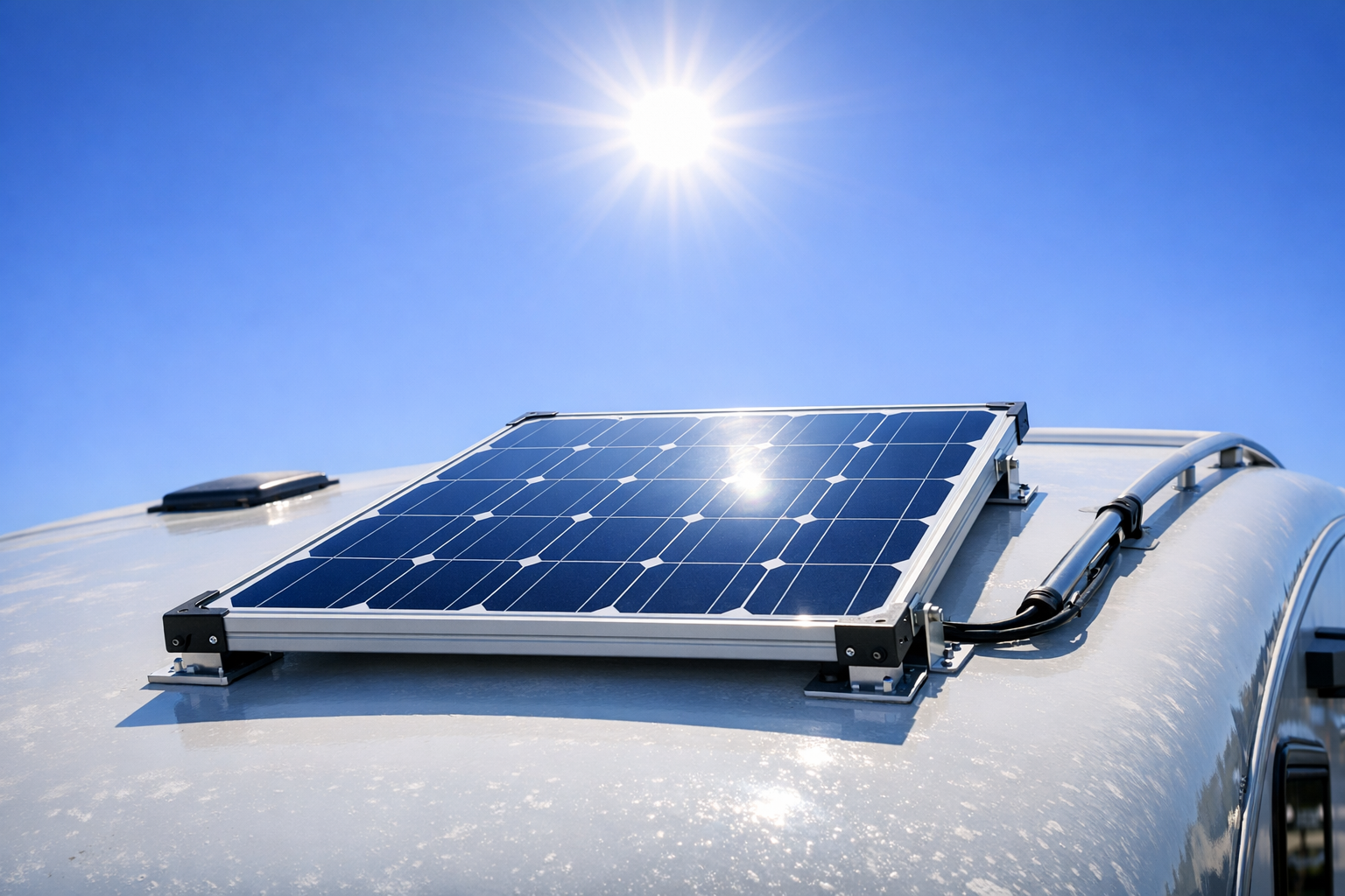 Solar panel on RV roof angled toward midday sun for peak hours