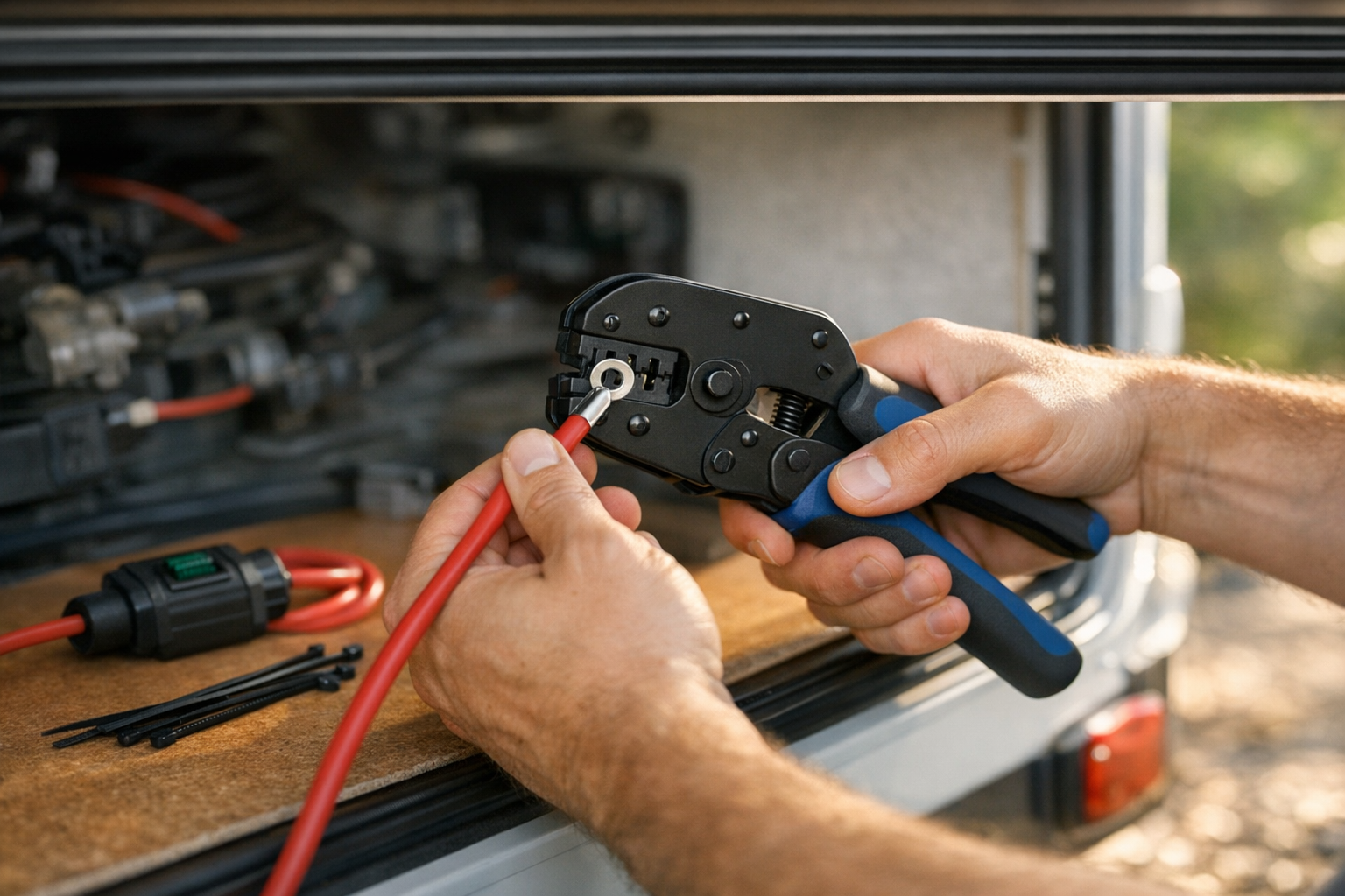 Hands crimping solar cable with fuse holder for safe RV installation