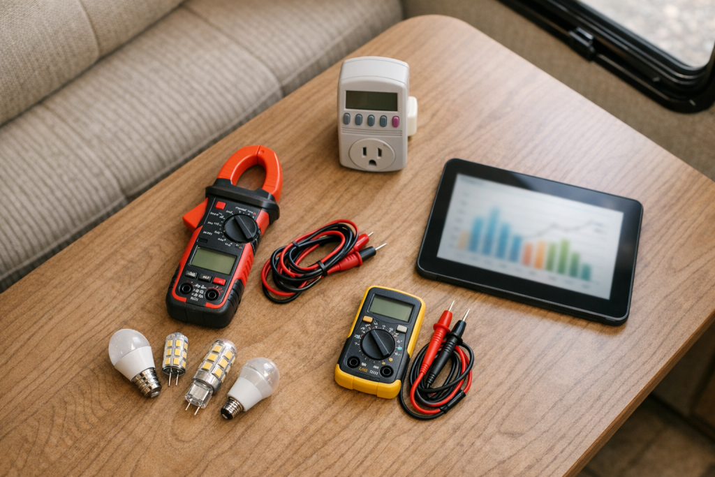 RV energy audit tools laid out on camper van dinette table in daylight
