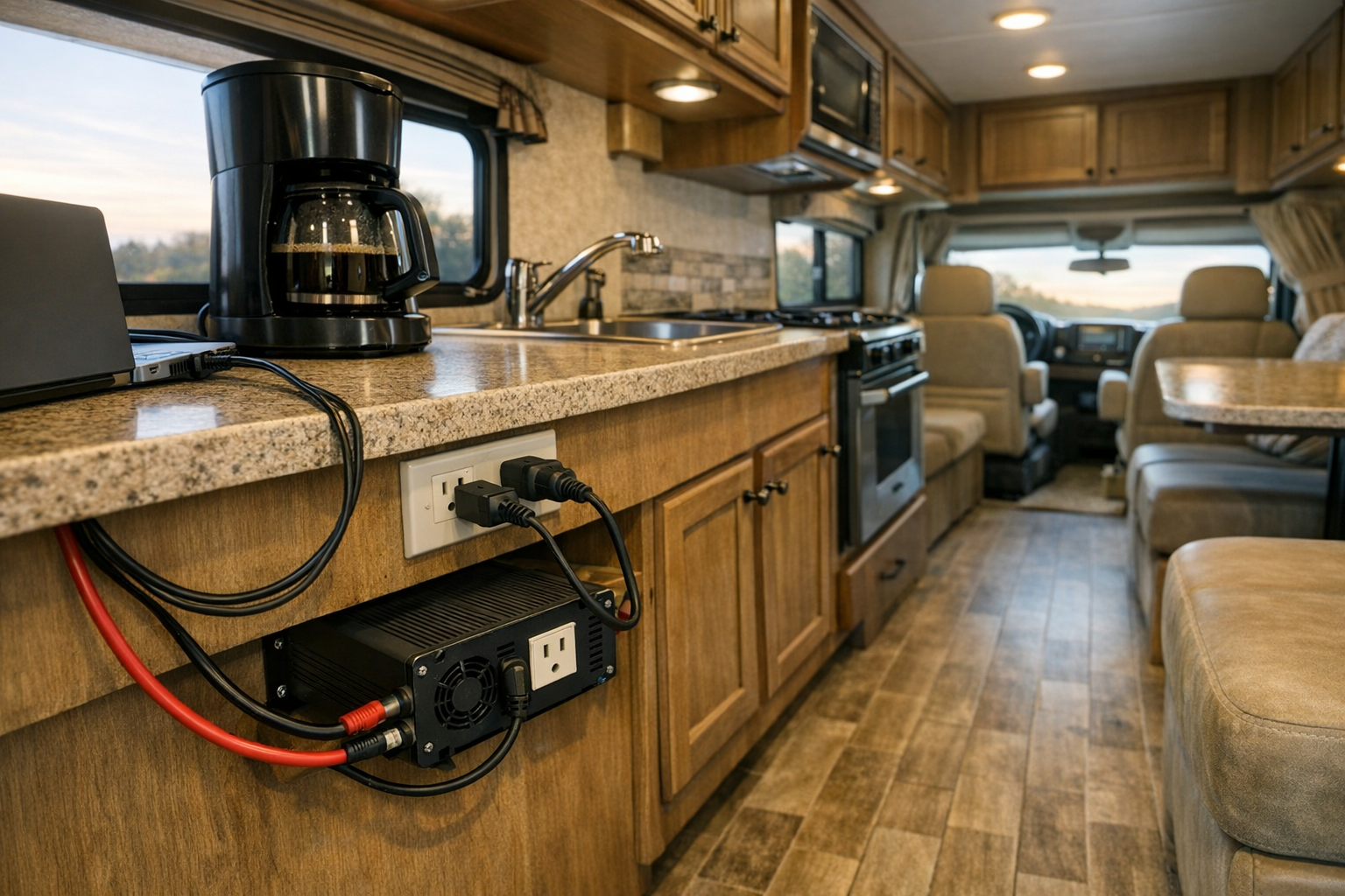 RV interior showing inverter setup with DC and AC loads for energy audit