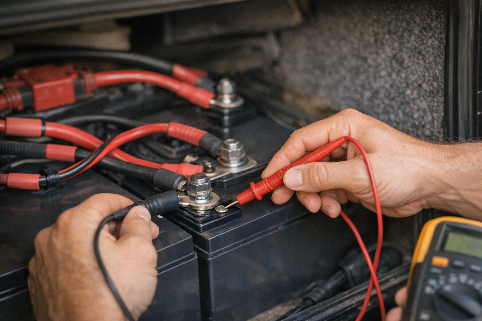 Hands measuring parasitic draw on RV battery bank with multimeter