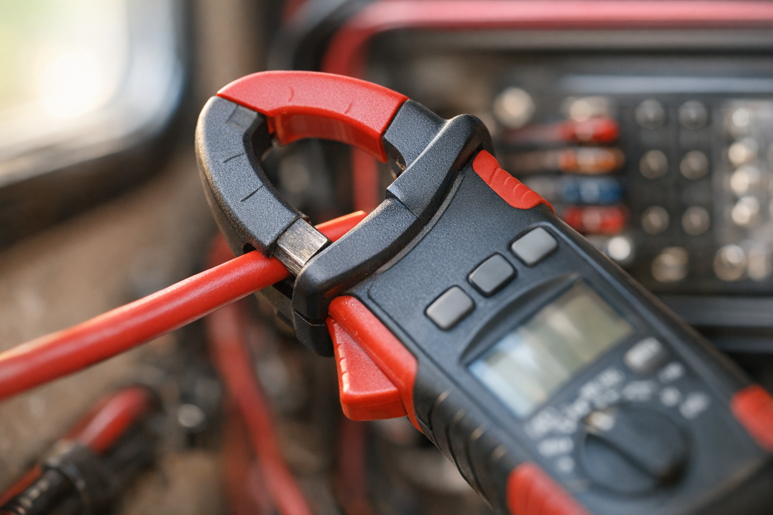Close-up of DC clamp meter on wire during RV energy audit