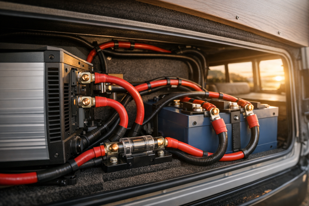 RV inverter installation with properly sized cables and battery bank in golden hour light