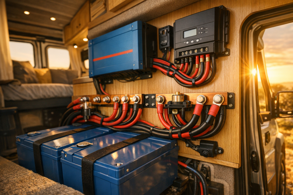 RV inverter installation with batteries and clean wiring in camper van