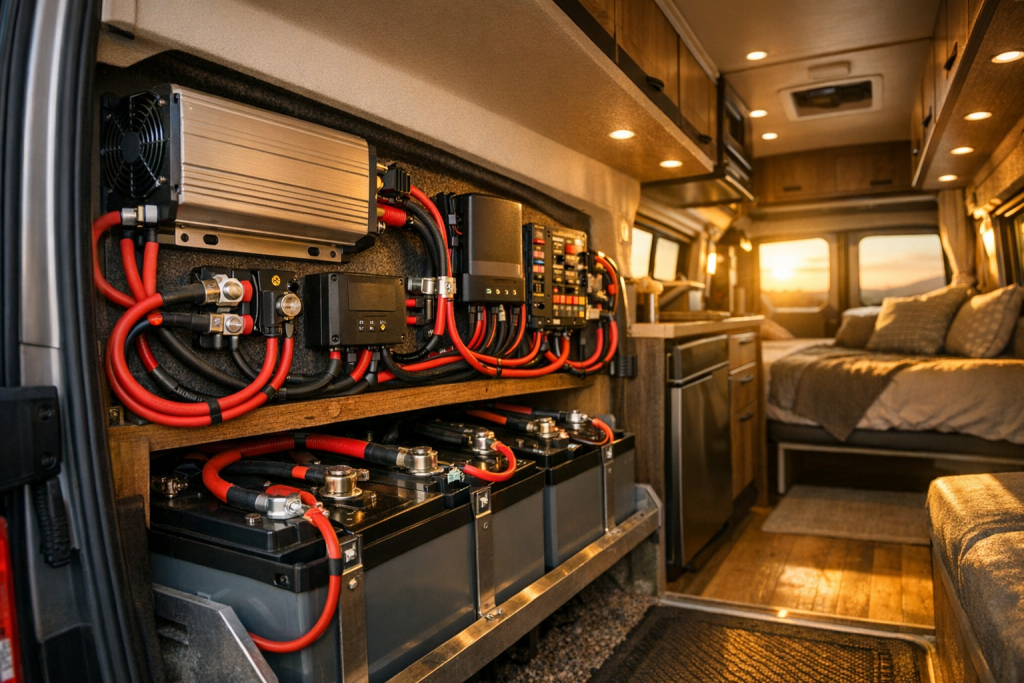 RV inverter installation with organized wiring in golden hour light