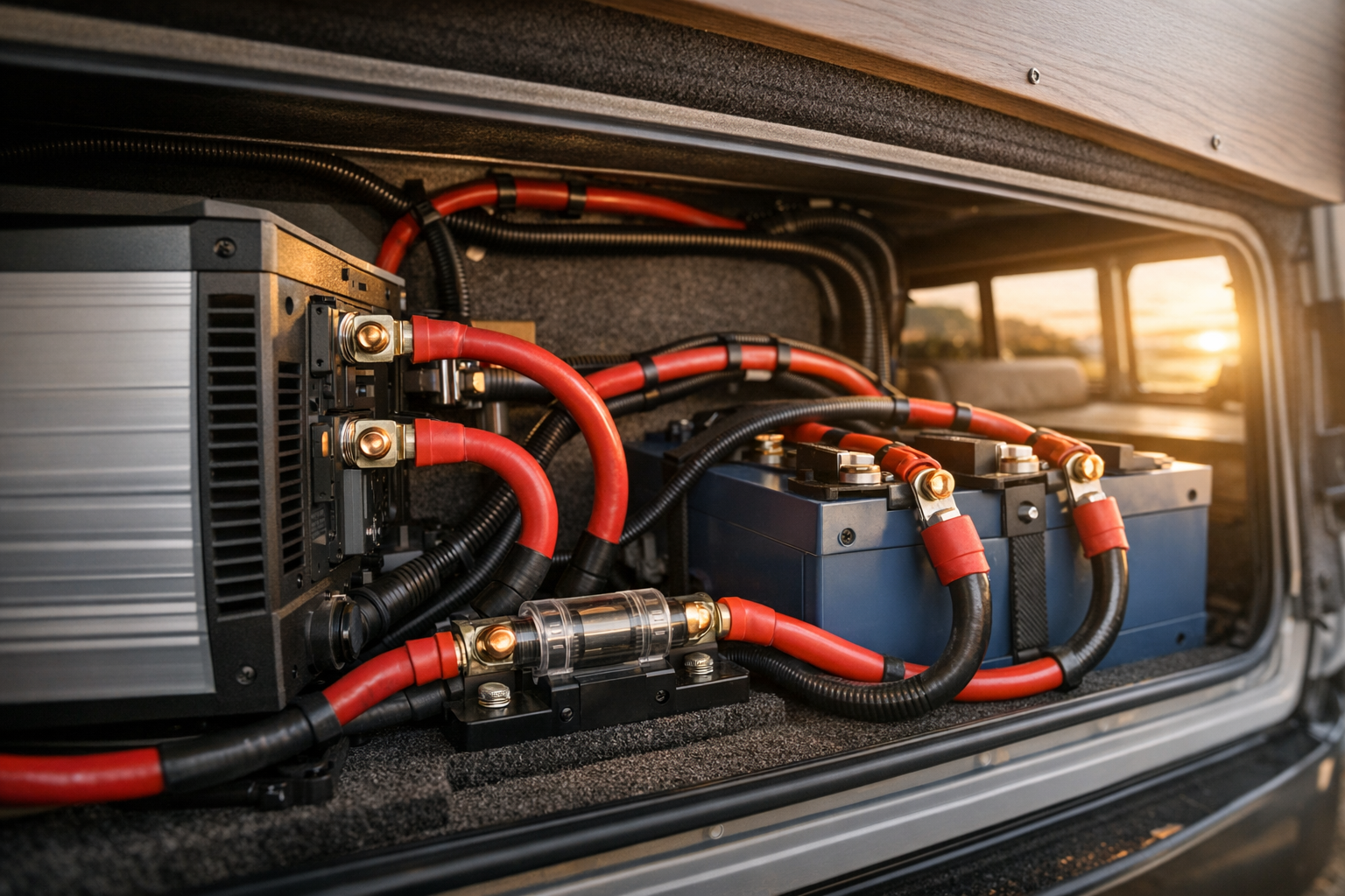 RV inverter installation with properly sized cables and battery bank in golden hour light