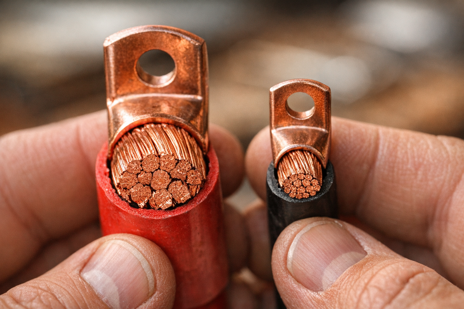 Hands comparing two AWG cable sizes for RV inverter sizing