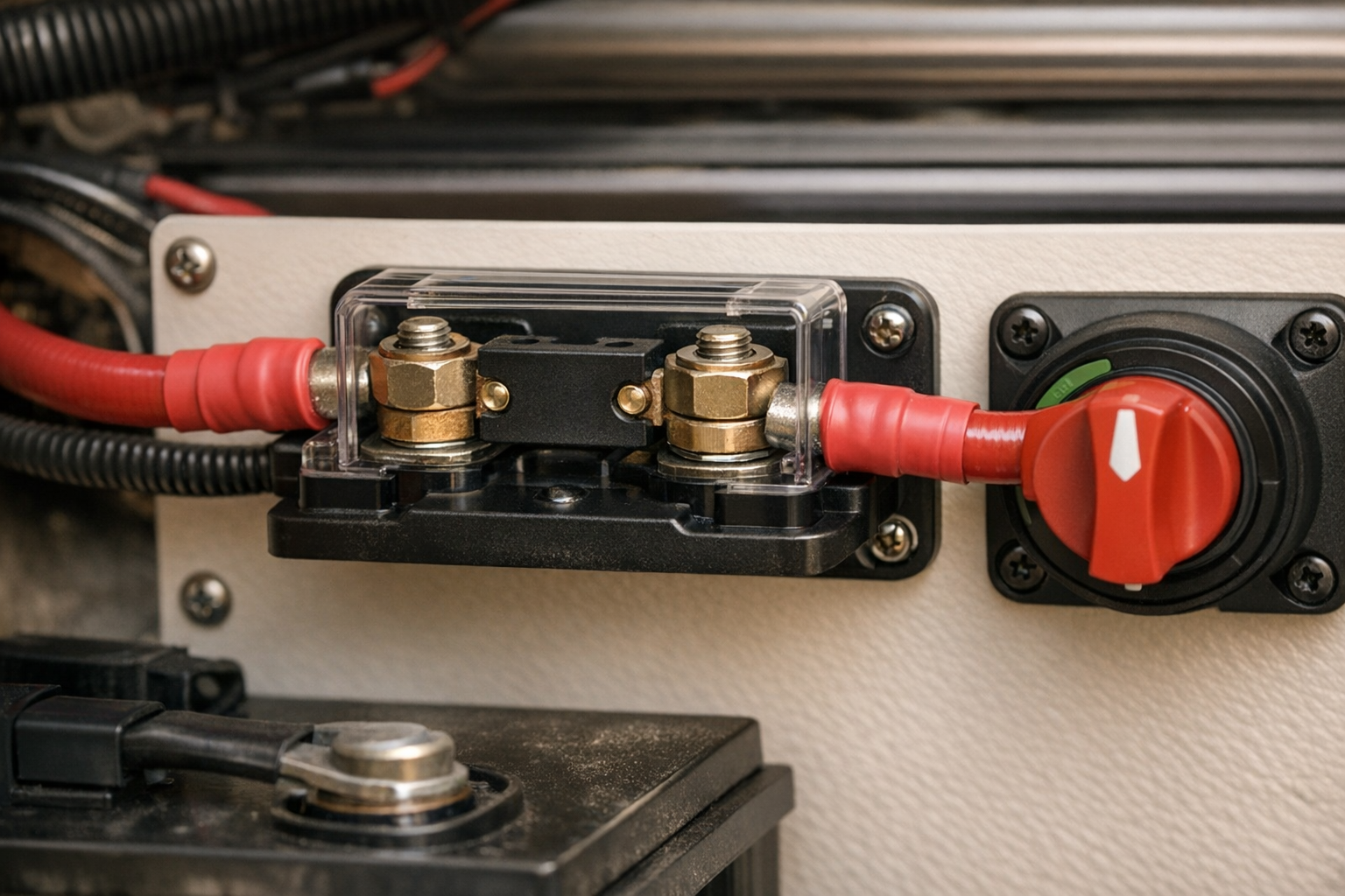 ANL fuse holder installed on RV inverter positive cable for safety