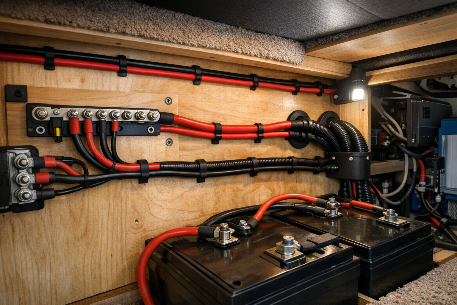 Neatly routed RV inverter cables with grommets and split loom protection