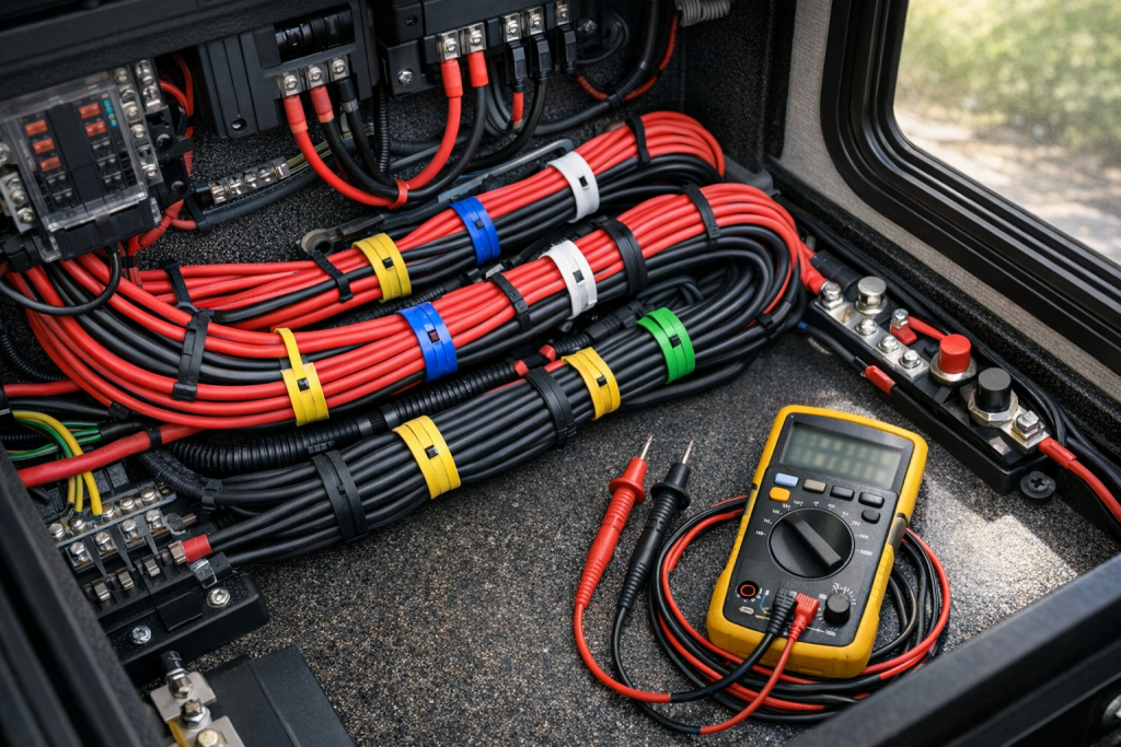 RV electrical compartment showing various solar cable sizes for voltage drop planning