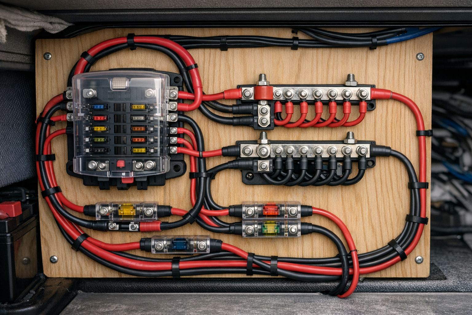 RV solar fuse box with properly sized cables and inline breakers installed