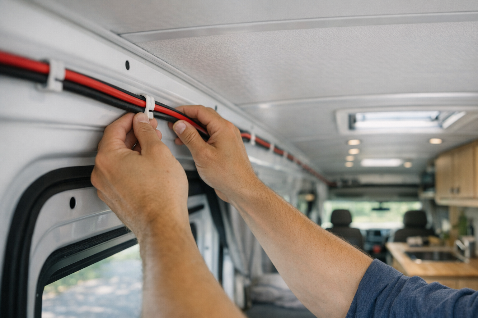 Hands routing solar cables along RV ceiling showing round-trip cable length