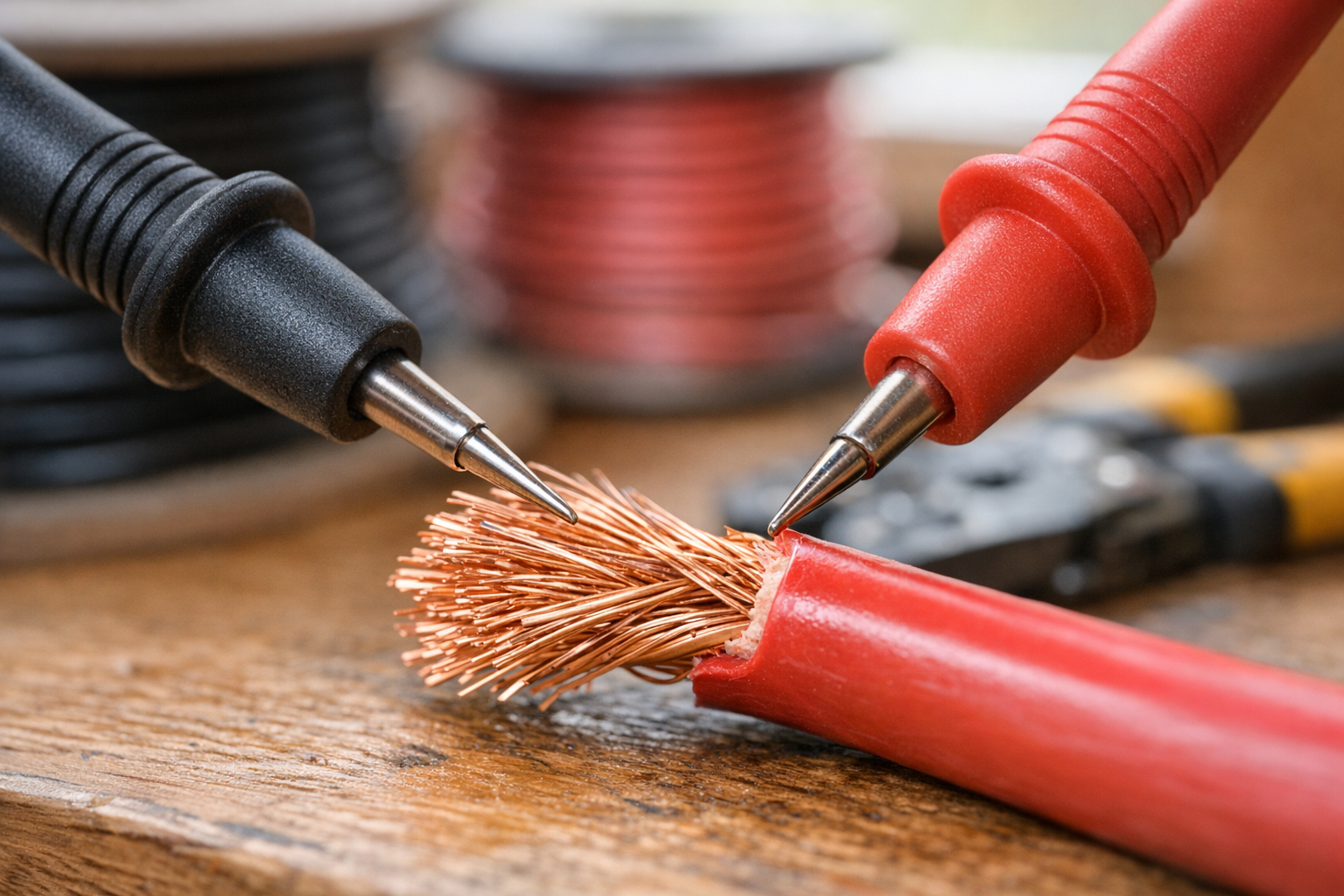 Multimeter probes testing RV solar cable for voltage drop measurement