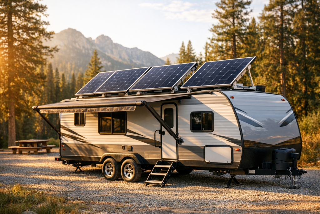 RV with tilted solar panels in mountain campground at golden hour