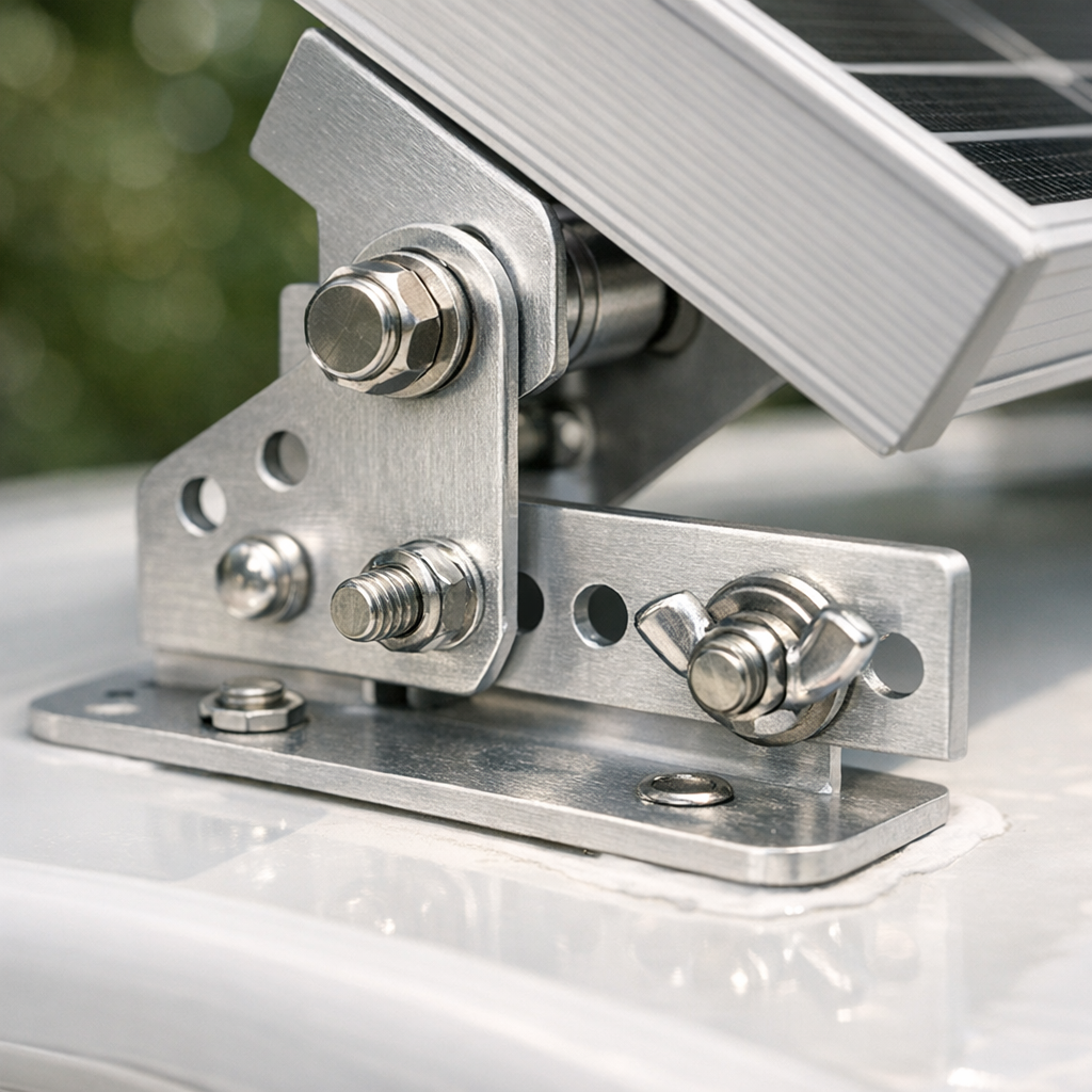 Close-up of adjustable tilt mount bracket for RV solar panel