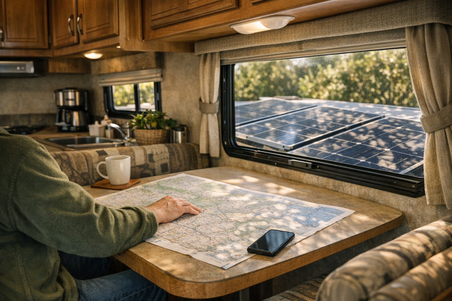 RV interior view showing shaded flat solar panels through window