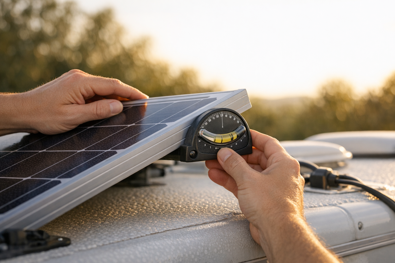 Hands adjusting RV solar panel tilt angle with inclinometer tool
