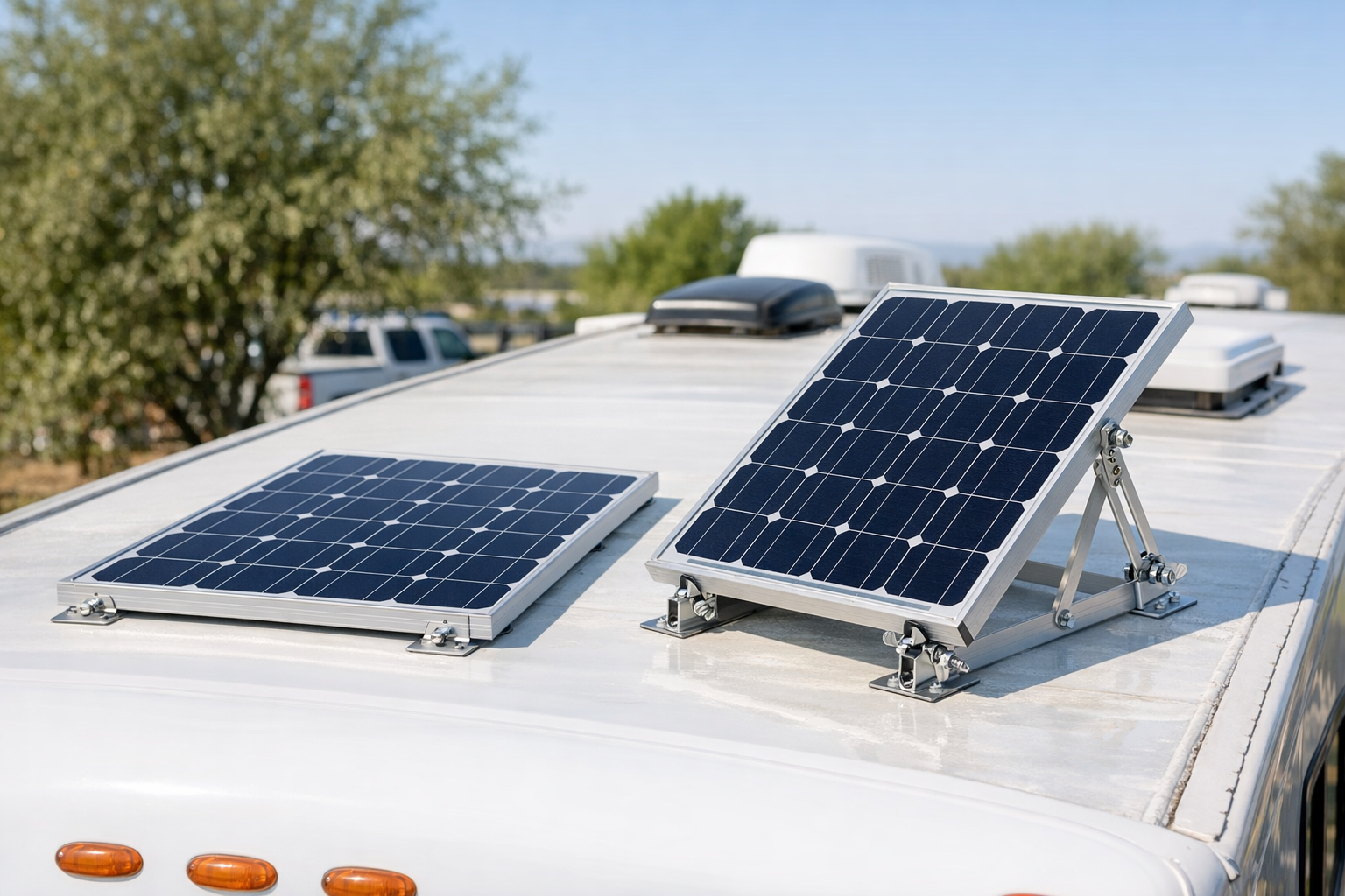 Flat versus tilted solar panels on RV roof showing angle difference