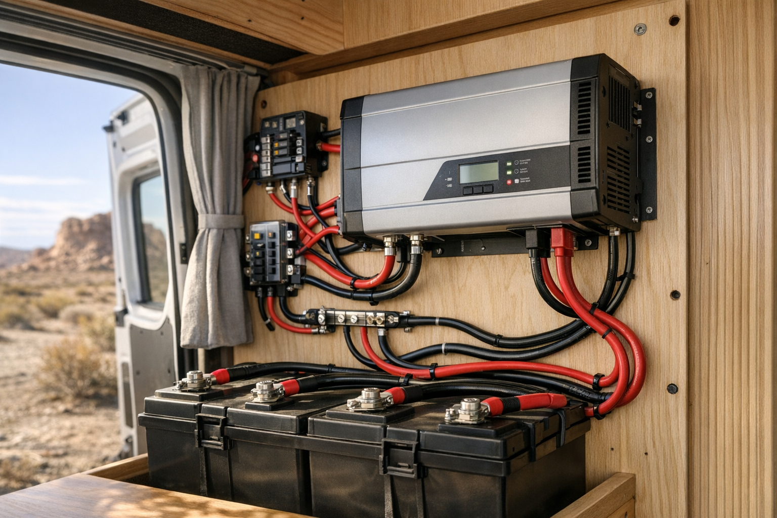 RV inverter charger installed in camper van for boondocking