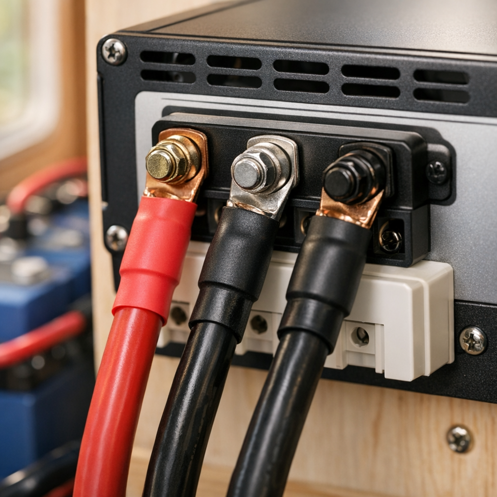 Close-up of RV inverter charger terminals with copper lugs