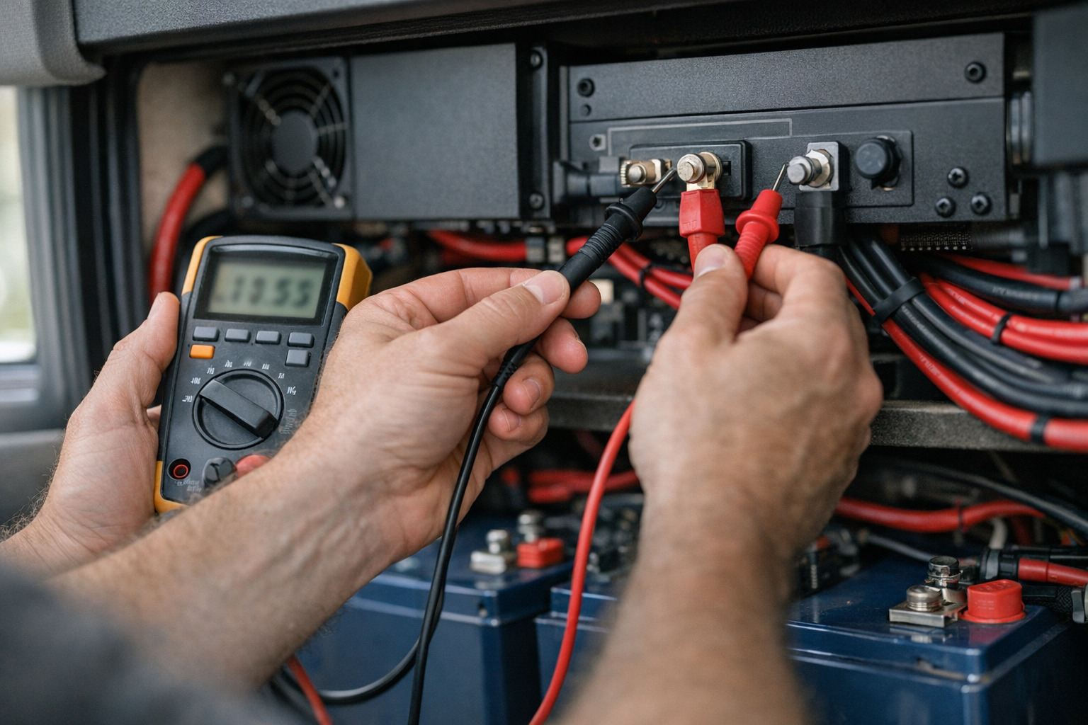 Hands testing RV inverter charger output with a multimeter