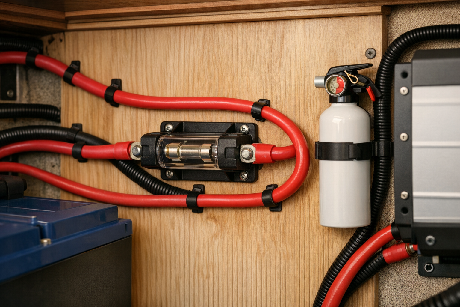 Class T fuse protecting RV inverter charger battery cable installation