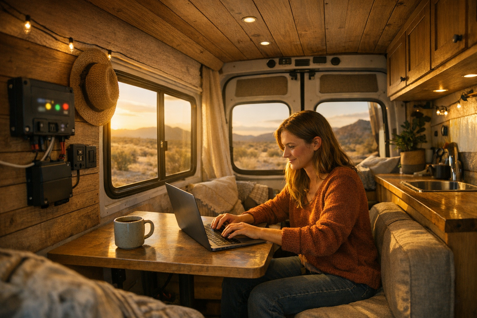 Woman using laptop in camper van powered by boondocking inverter charger