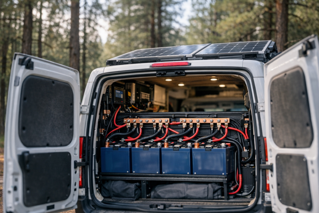 RV boondocking in forest with lithium battery bank visible through open doors