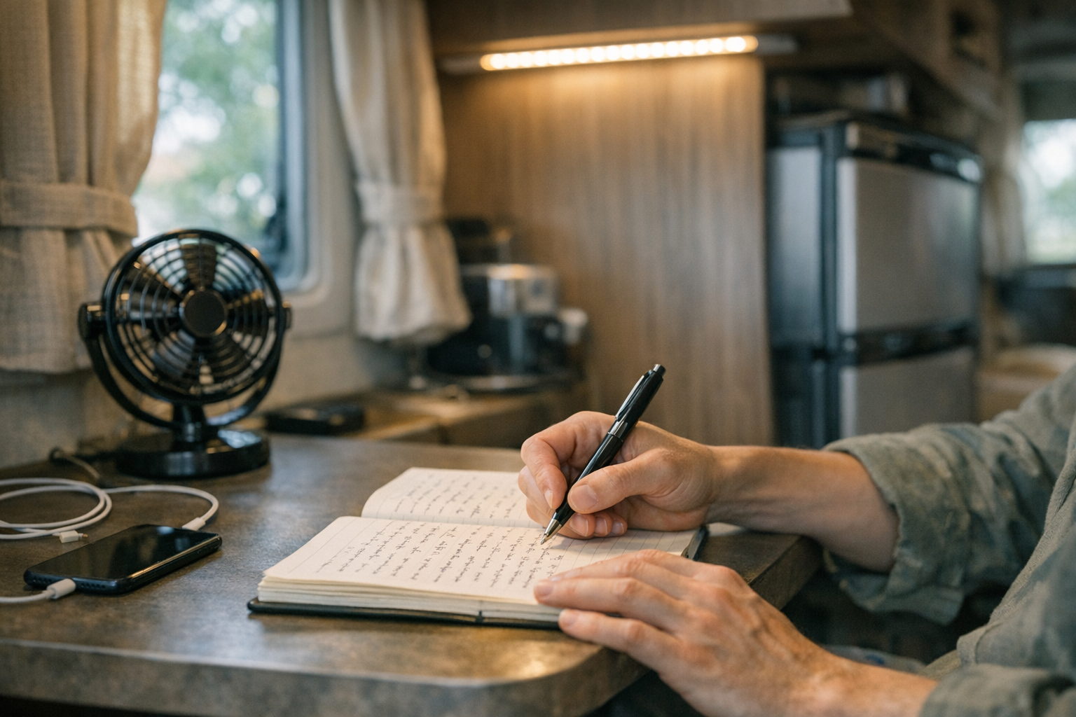 Hands tallying RV appliance energy use for amp hour calculations