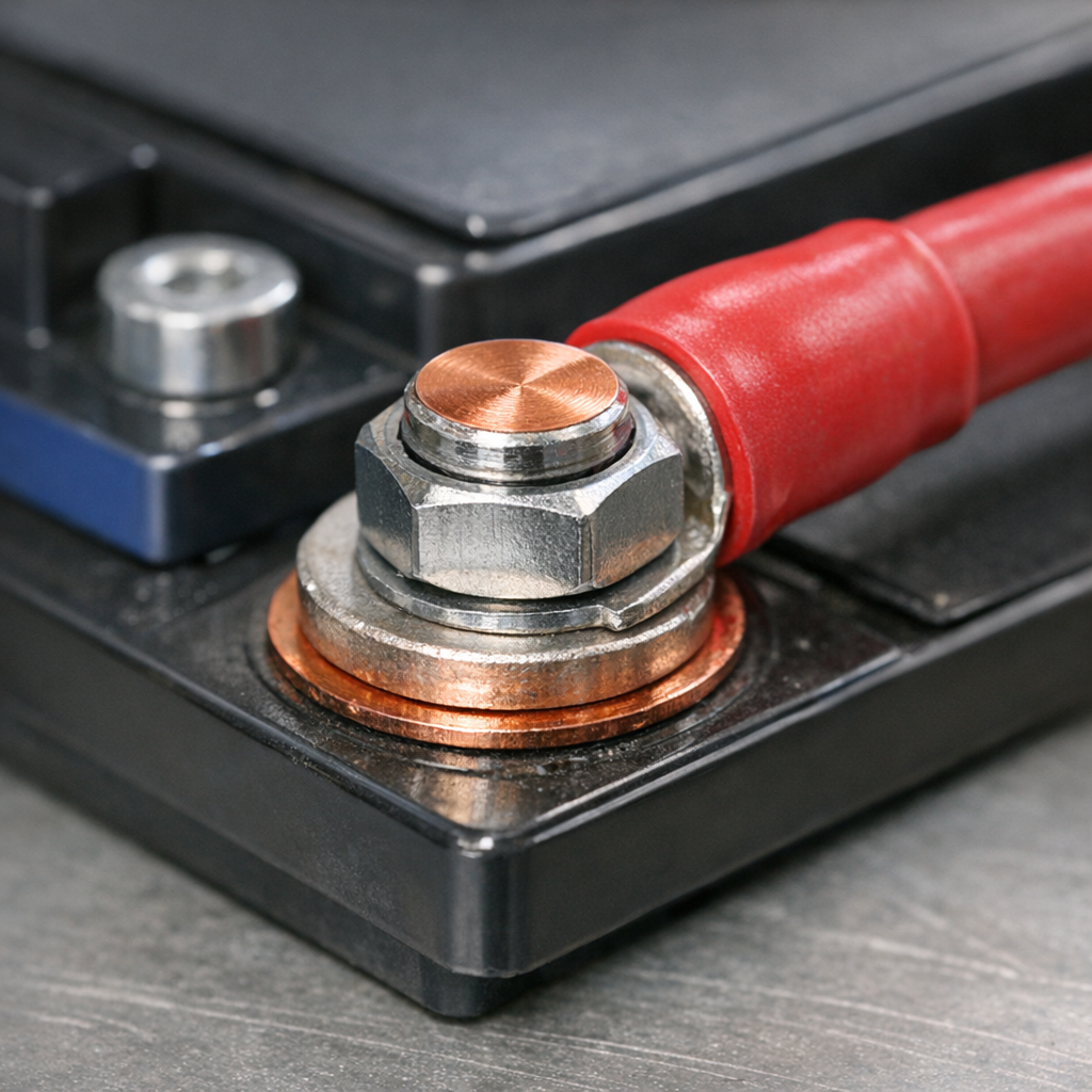 Close-up lithium battery terminal showing usable capacity connection detail