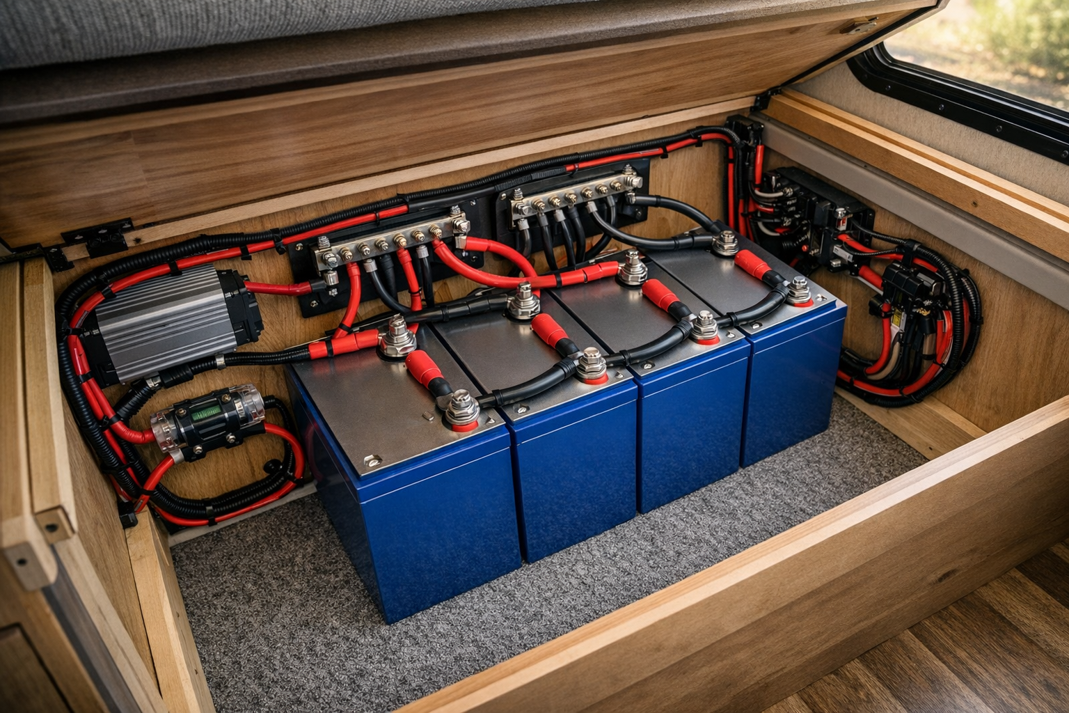 Three lithium batteries wired in parallel inside RV boondocking battery compartment