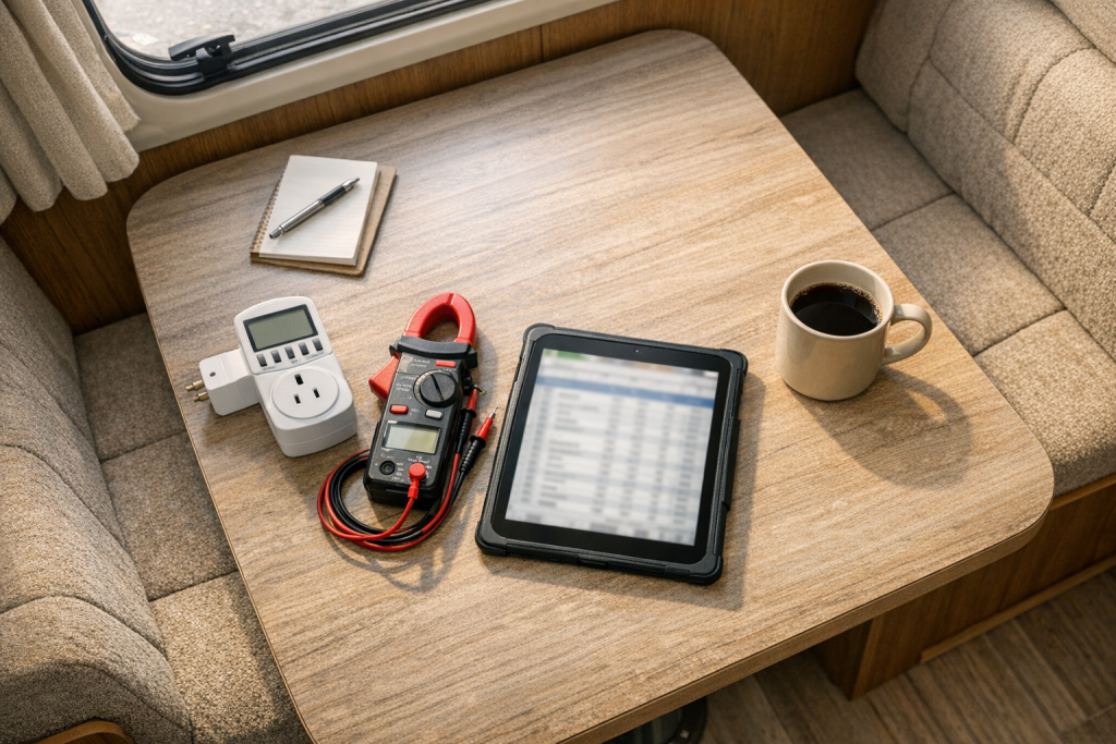 RV energy audit tools laid out on camper van dinette table