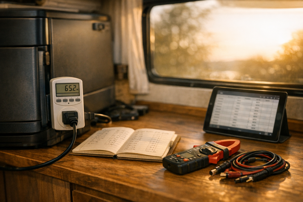 RV energy audit tools and notebook on van countertop