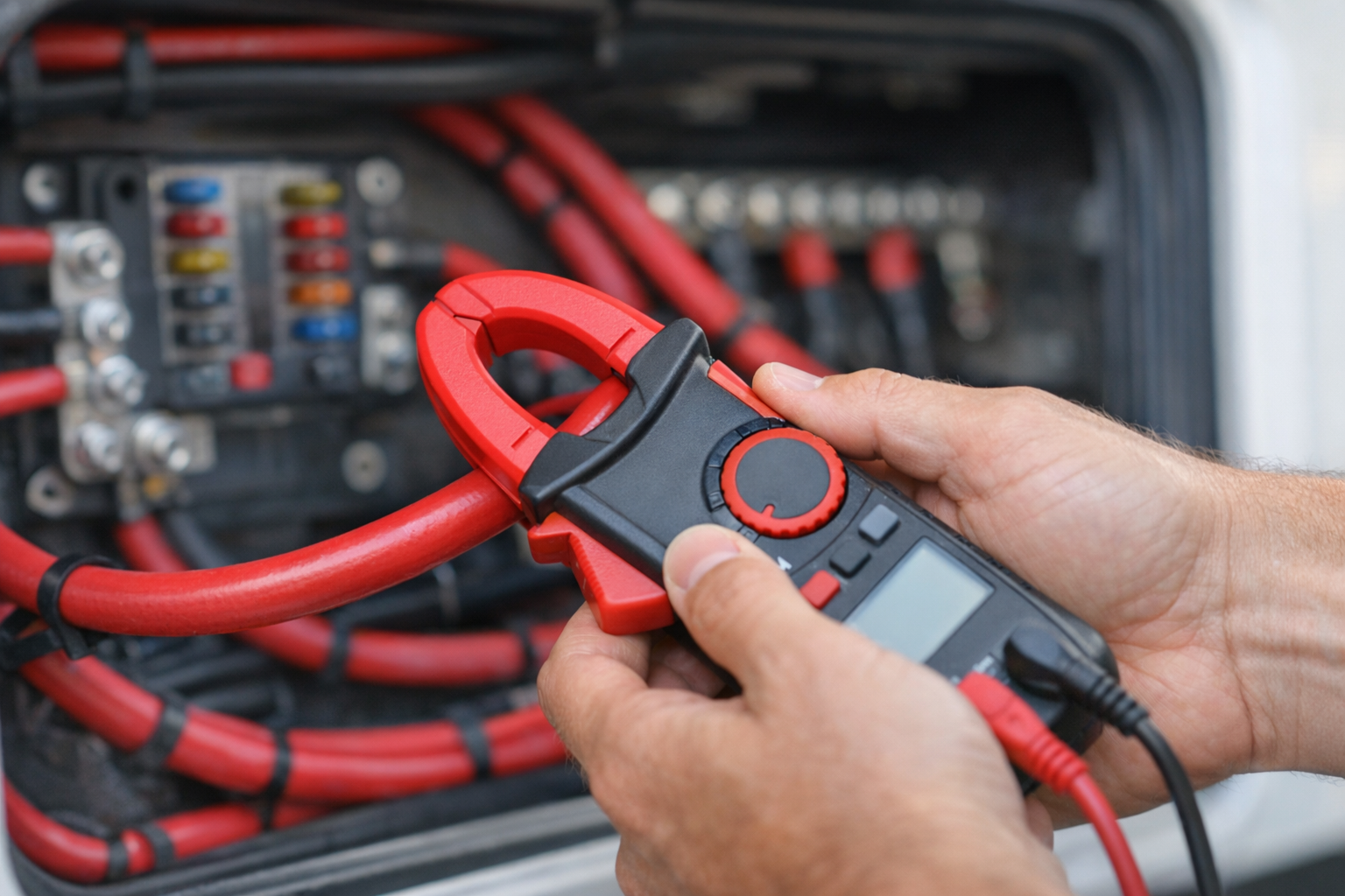 Clamp meter measuring DC current on RV battery cable