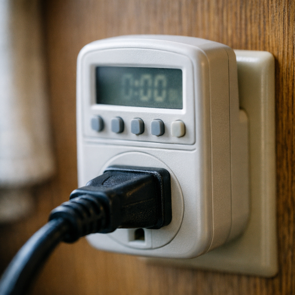 Plug-in wattmeter measuring RV appliance power draw closeup