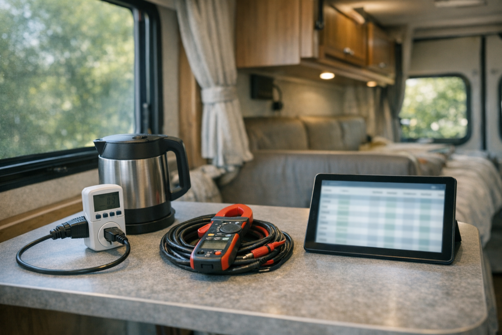 RV energy audit tools and meters laid out inside camper van
