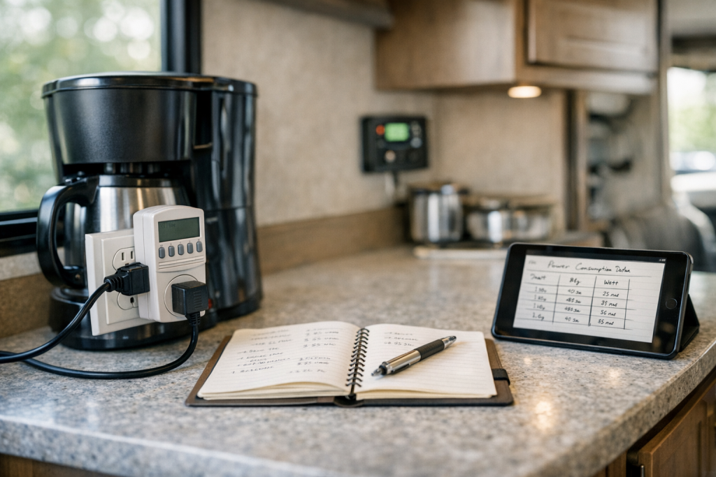 RV energy audit setup with wattmeter notebook and tablet inside camper