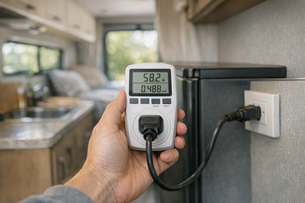 Person measuring appliance wattage during an RV energy audit
