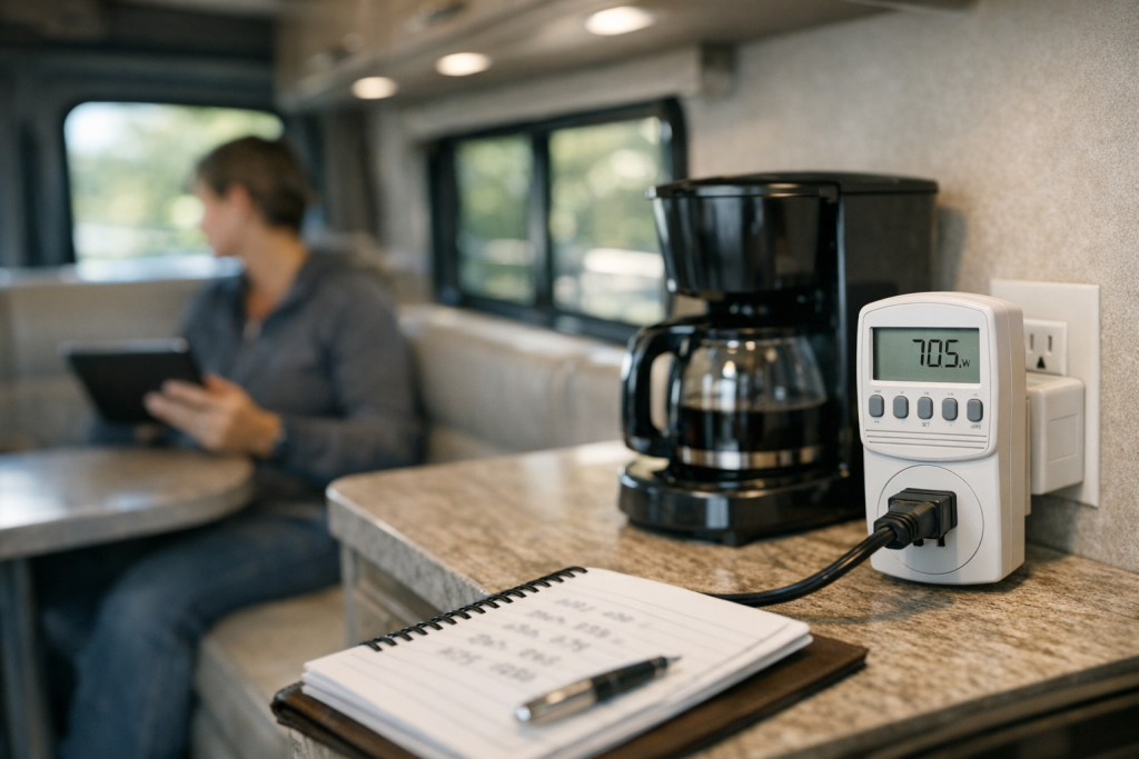 RV owner performing energy audit with plug-in wattmeter and tablet