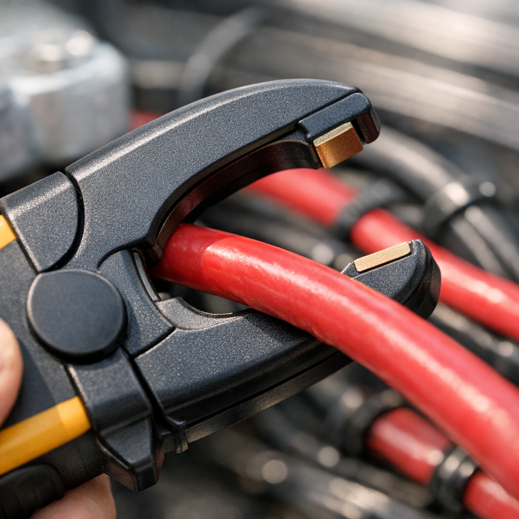 Clamp meter close-up around DC cable for RV current measurement