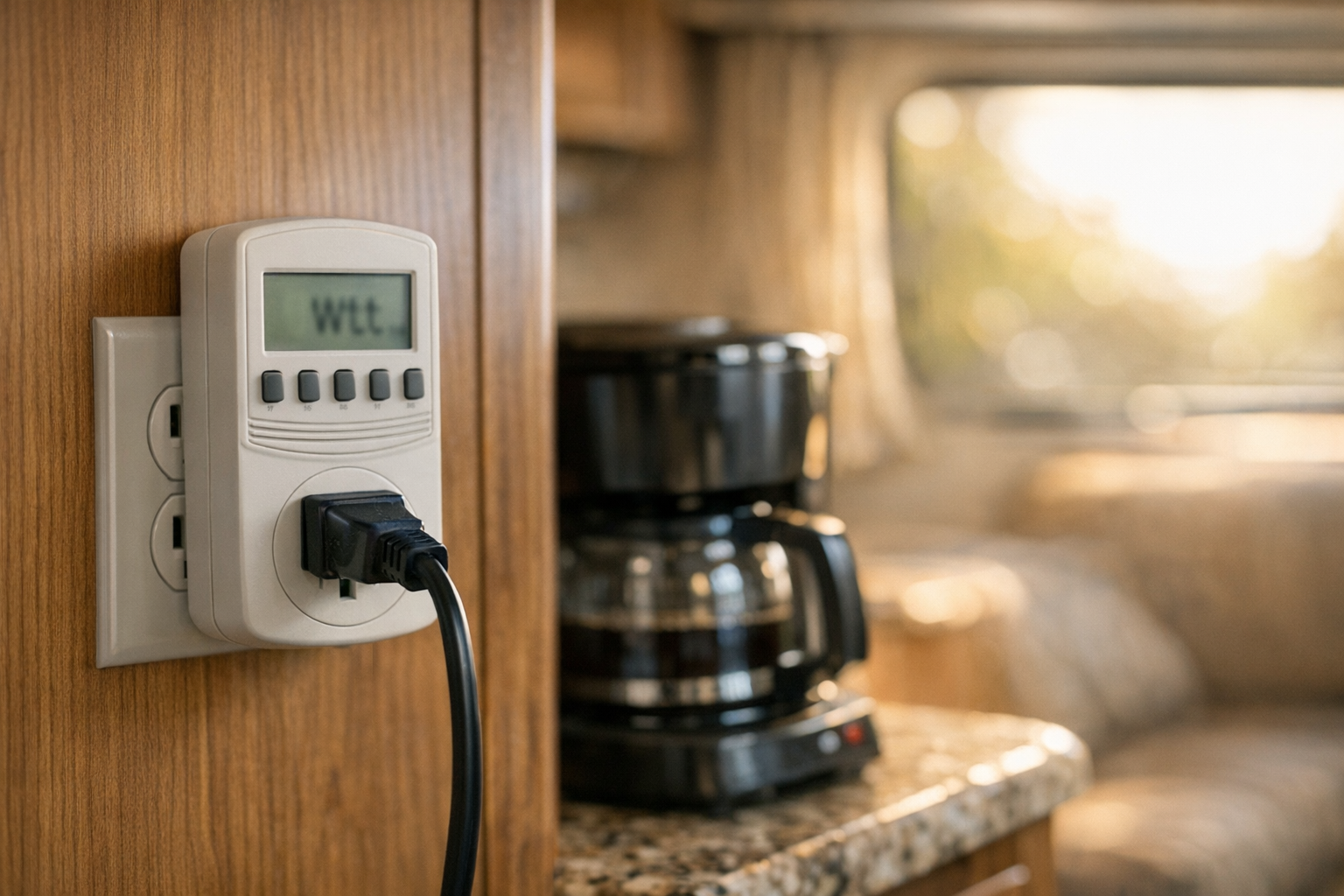 Plug-in watt meter measuring appliance draw during RV energy audit