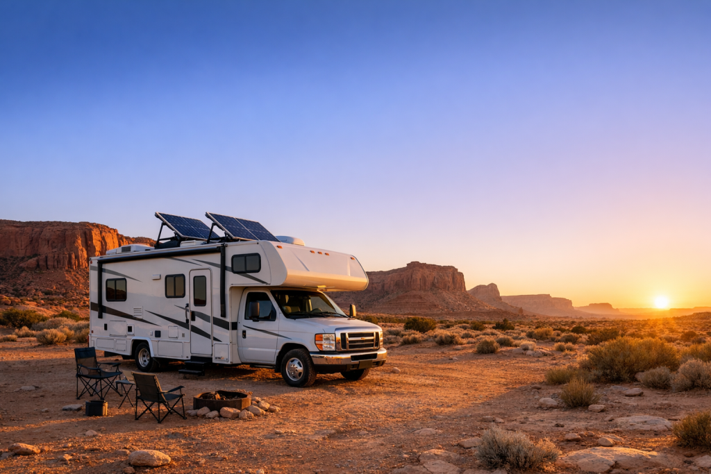 RV with tilted solar panels parked in desert at golden hour