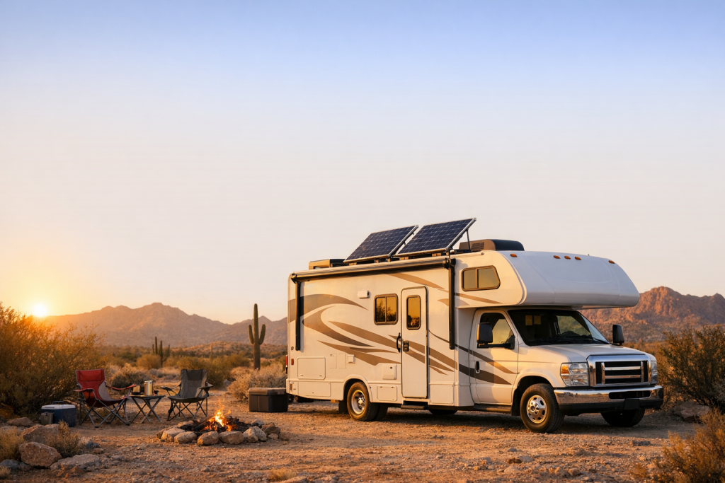 RV with tilted solar panels at golden hour desert campsite