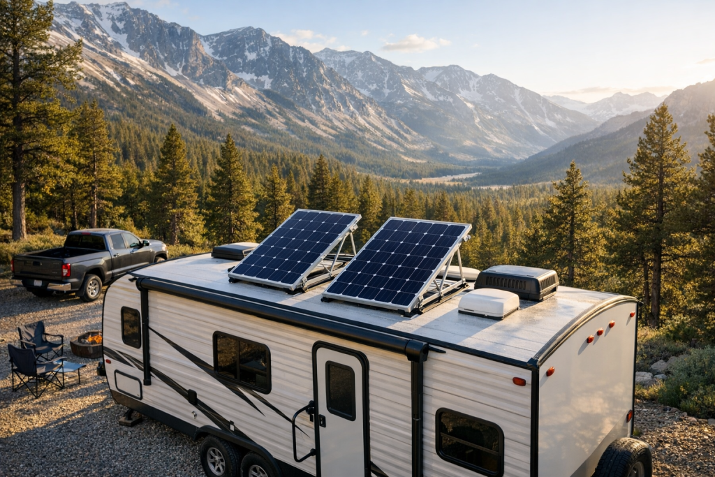 Travel trailer with solar panels tilted at optimal angle at mountain campsite